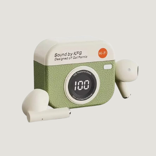Q86 Retro Camera-Style T-Buds – Advanced Bluetooth 5.49 TWS Earbuds with Noise Reduction & Charging Display Case