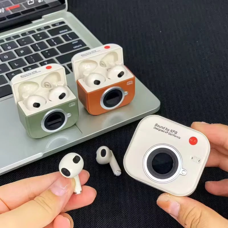 Q86 Retro Camera-Style T-Buds – Advanced Bluetooth 5.49 TWS Earbuds with Noise Reduction & Charging Display Case