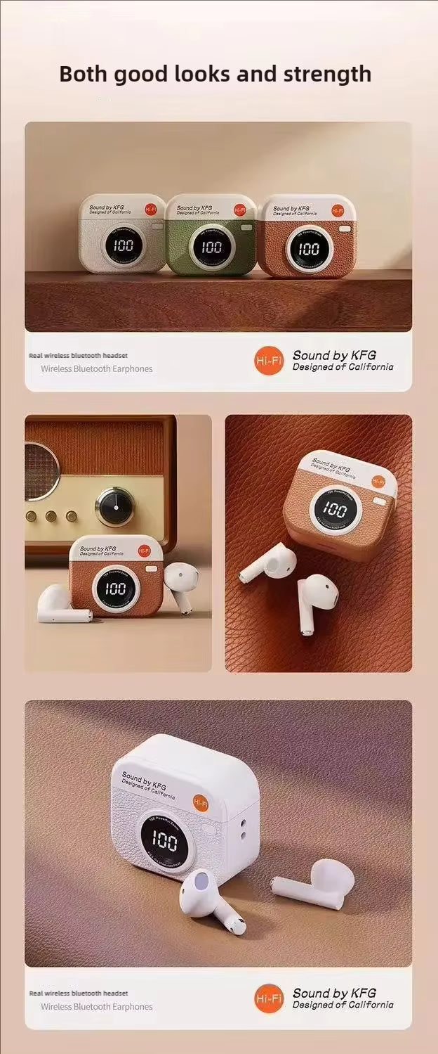 Q86 Retro Camera-Style T-Buds – Advanced Bluetooth 5.49 TWS Earbuds with Noise Reduction & Charging Display Case