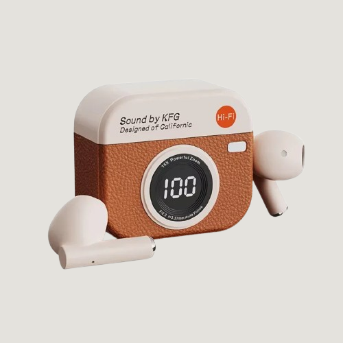 Q86 Retro Camera-Style T-Buds – Advanced Bluetooth 5.49 TWS Earbuds with Noise Reduction & Charging Display Case