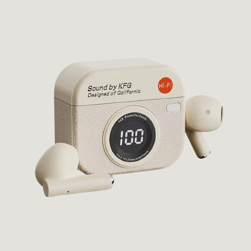 Q86 Retro Camera-Style T-Buds – Advanced Bluetooth 5.49 TWS Earbuds with Noise Reduction & Charging Display Case